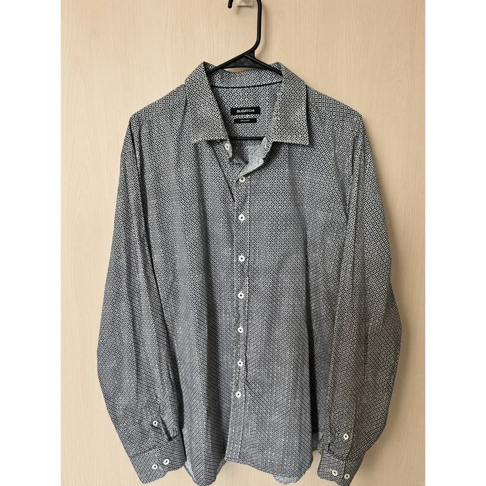 Bugatchi Shaped Fit Mens XXL Long Sleeve Shirt Geometric Print Blue Brown